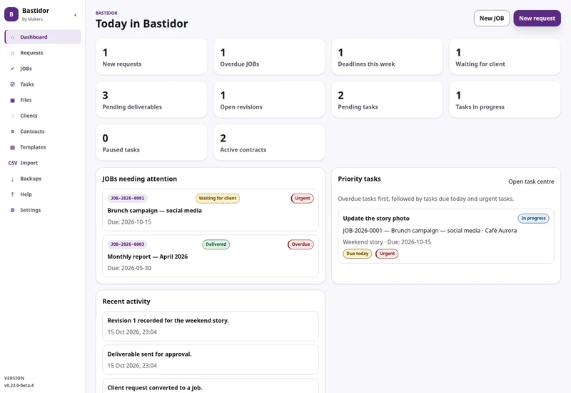 Bastidor · real interface, sample data